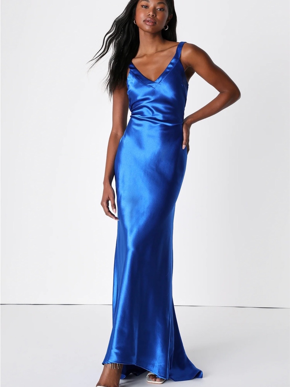 Lulu's Satin V-Neck Slip Maxi Dress - Cobalt Blue